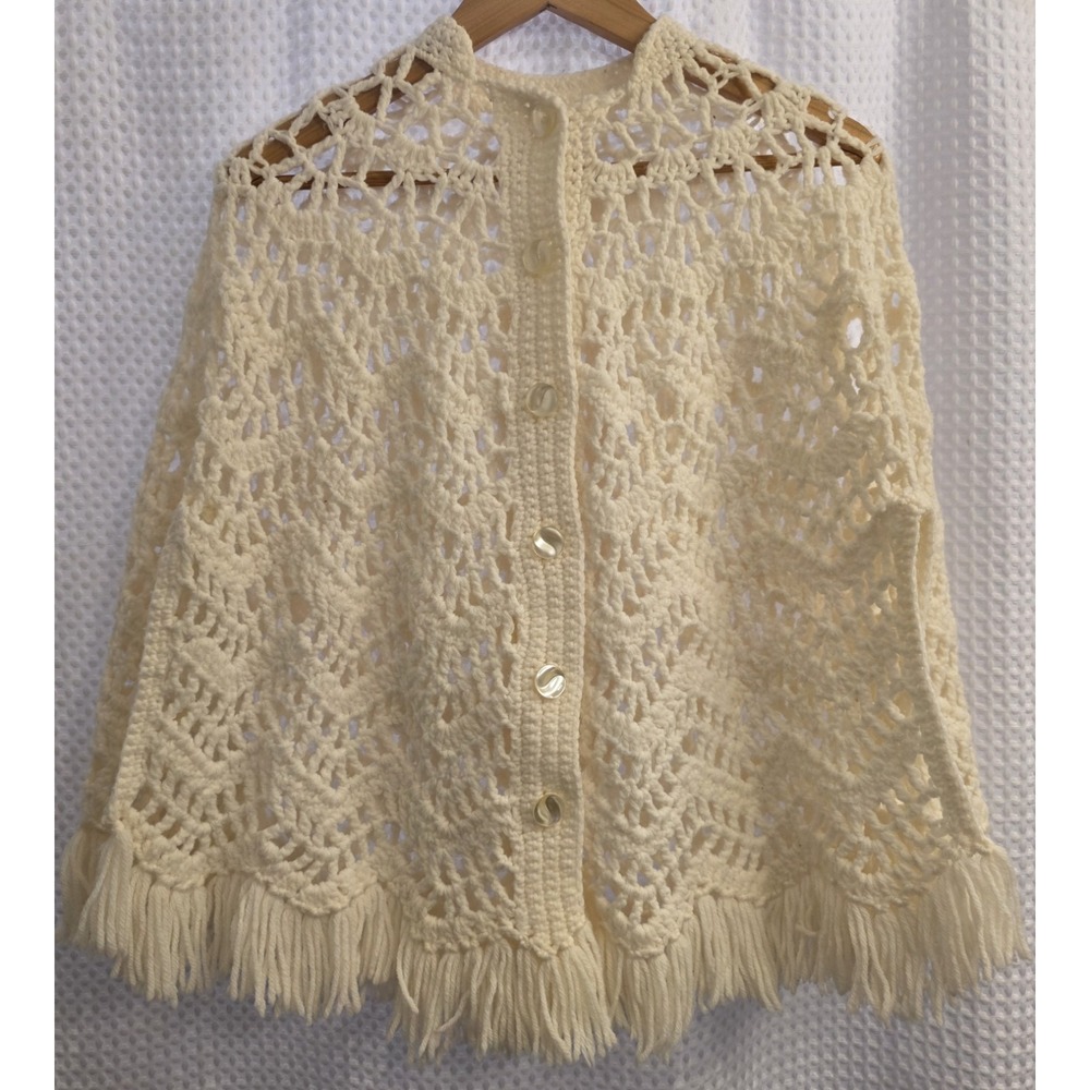 Vintage Cream Ivory Crochet Fringe Poncho Cape Buttons Front Boho OS